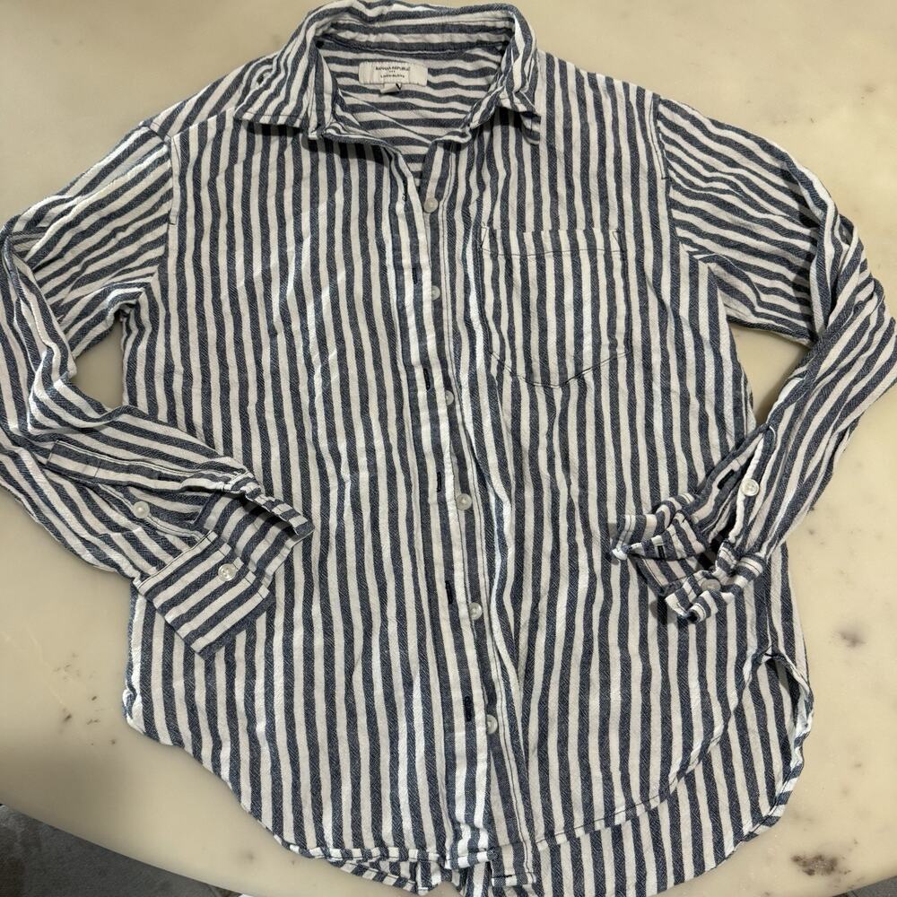 Banana Republic Shirt Womens S Blue Striped Linen Blend Button Up Old Money